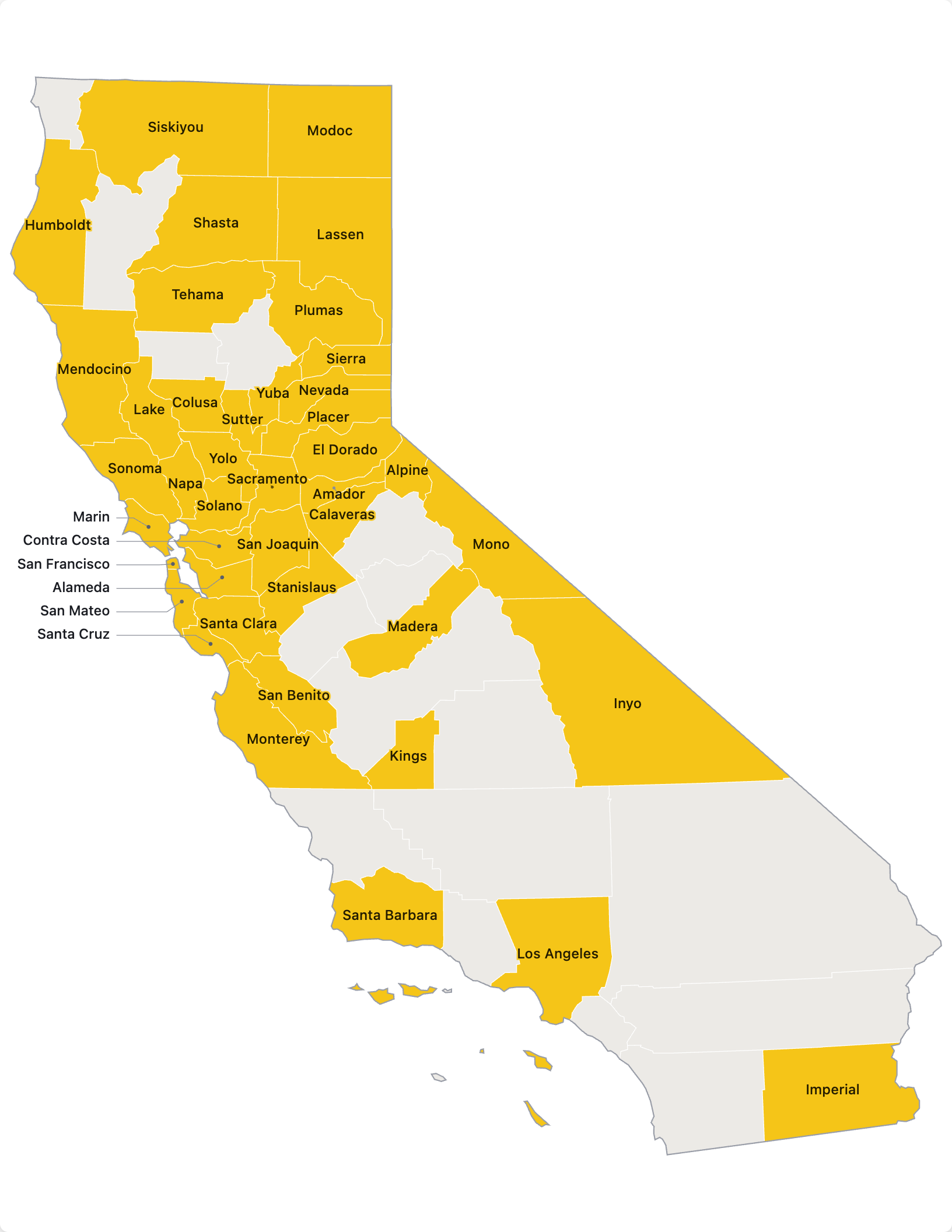 California county map with Time Study Buddy customer counties highlighted in yellow